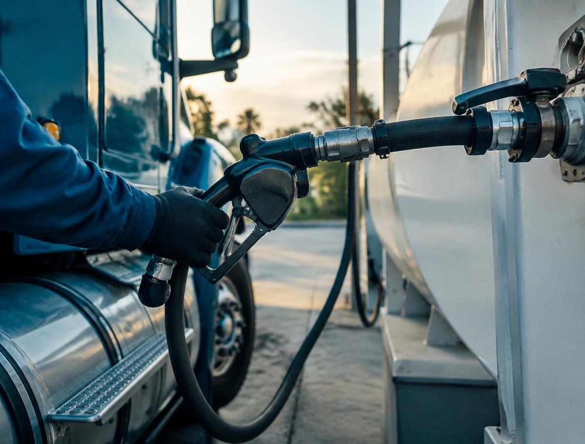 A gloved hand on a dispensing nozzle beside a semi truck and a bulk fluid tank