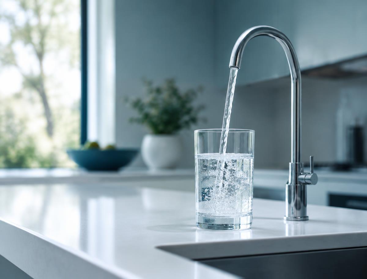 A glass filling with clear water from a slim chrome faucet on a bright kitchen counter