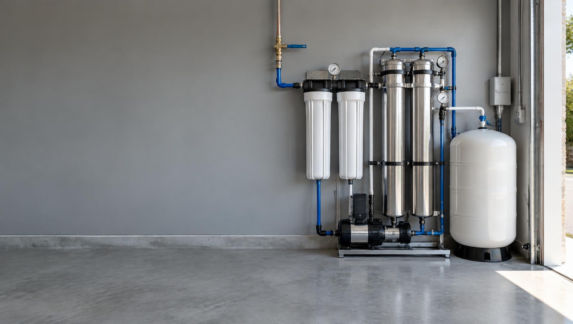 Illustrative whole-home reverse osmosis equipment with membrane housings, pre-filters, a pump and storage tank in a residential utility area
